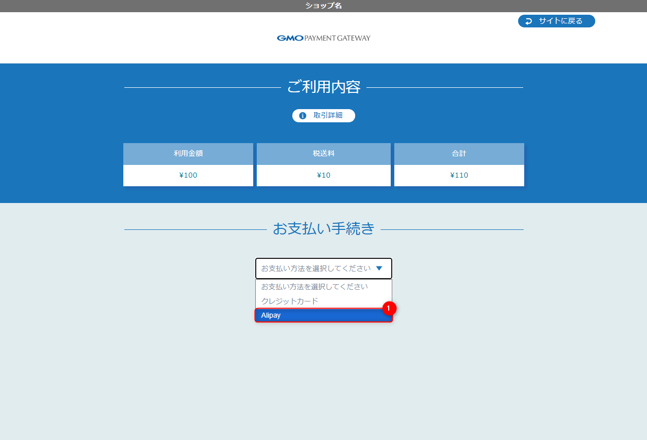 リンクタイプ PlusAlipay_決済選択画面のスクリーンショット